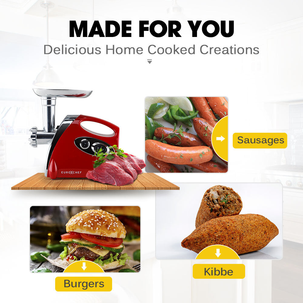 NNEDSZ EUROCHEF Electric Meat Grinder, Stainless Steel Mincer Sausage Filler Kibbe Maker, Red