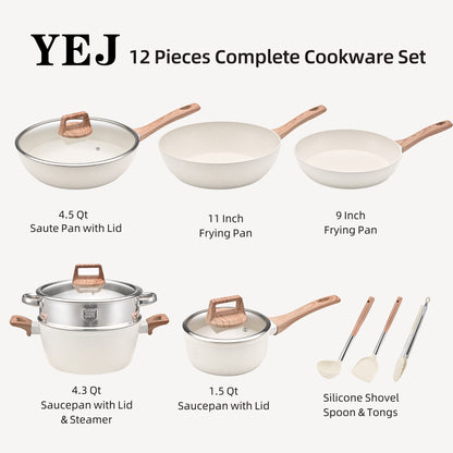 NNEDSZ YEJ 12-Piece Non-Stick Complete Cookware Set | Pots, Pans & Utensils  (White)