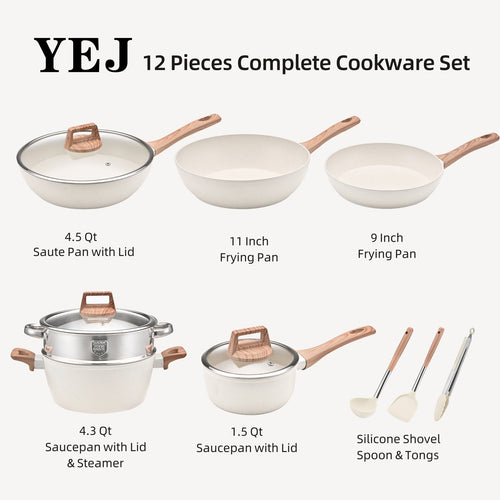NNEDSZ YEJ 12-Piece Non-Stick Complete Cookware Set | Pots, Pans & Utensils  (White)