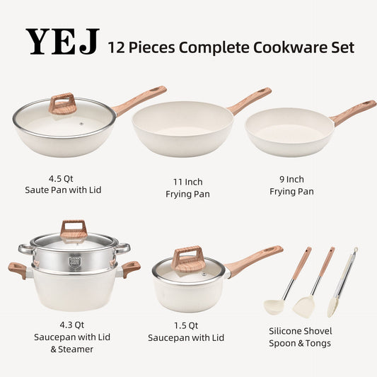 NNEDSZ YEJ 12-Piece Non-Stick Complete Cookware Set | Pots, Pans & Utensils  (White)