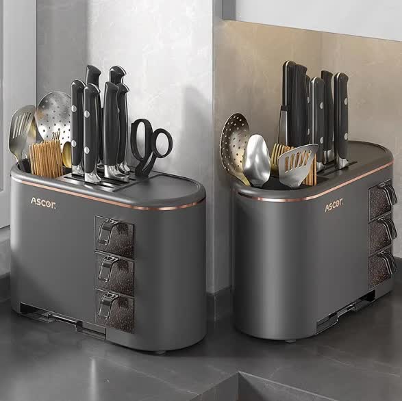 NNEDSZ Black All-in-One Kitchen Knife and Utensil Holder - Multi-Functional Organizer with Storage Drawers
