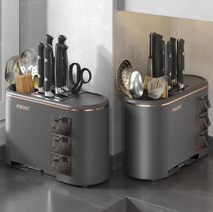 NNEDSZ Black All-in-One Kitchen Knife and Utensil Holder - Multi-Functional Organizer with Storage Drawers