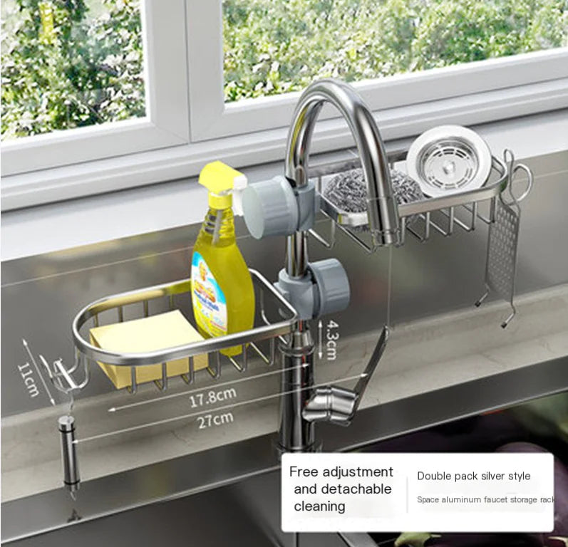 Space Aluminum Sink Sponge Rack with No Drill Design